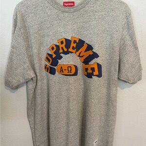 Supreme Gray Alpha & Omega embroidered raised letter Logo T-Shirt size L